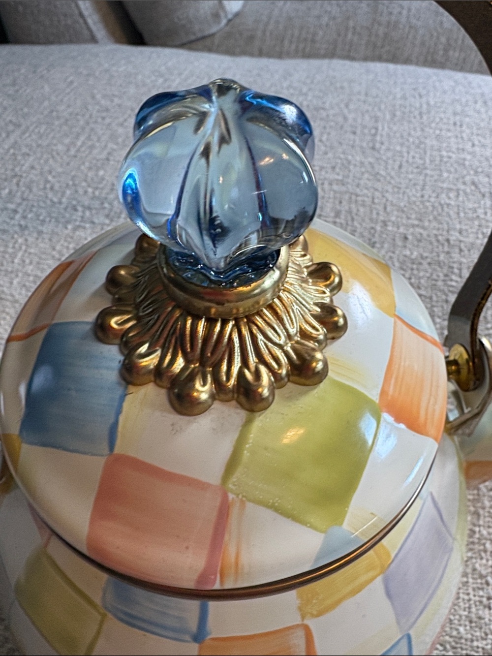 MacKenzie-Childs Pastel Checkered Teapot with Blue Glass Finial - Picture 4 of 6